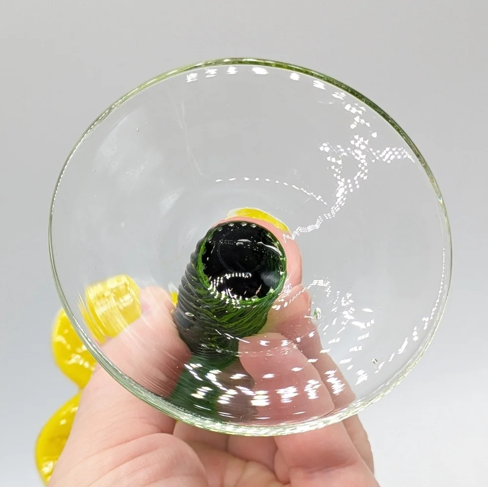 Handblown Yellow Daffodil Green Floral Glass Candlestick Holder